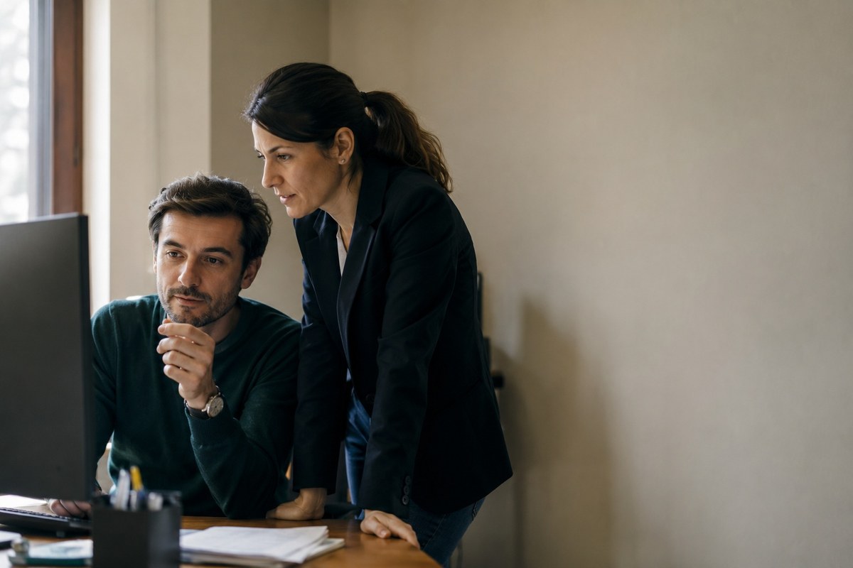 Team che consulta insieme le informazioni dei clienti su un unico schermo